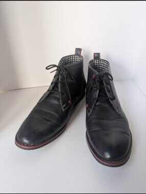 SOLO Mens Black Leather Chukka Boots Sz 10 Gingham Lined Red Stitching